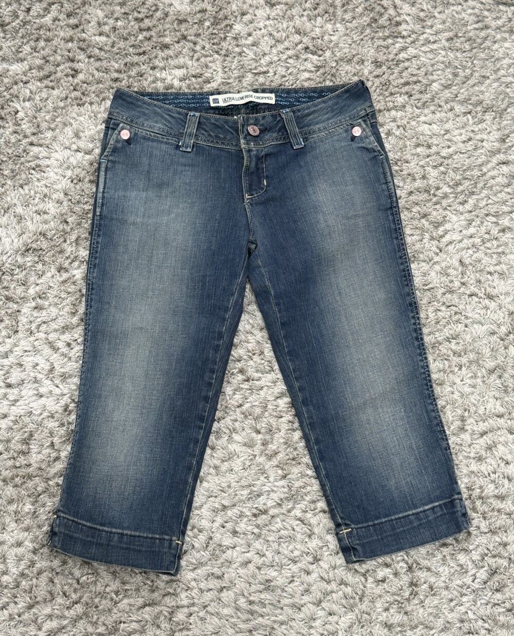 Y2K GAP Ultra Low Rise Cropped Capri Jeans Dark Wash Denim Flap Pocket Size 1